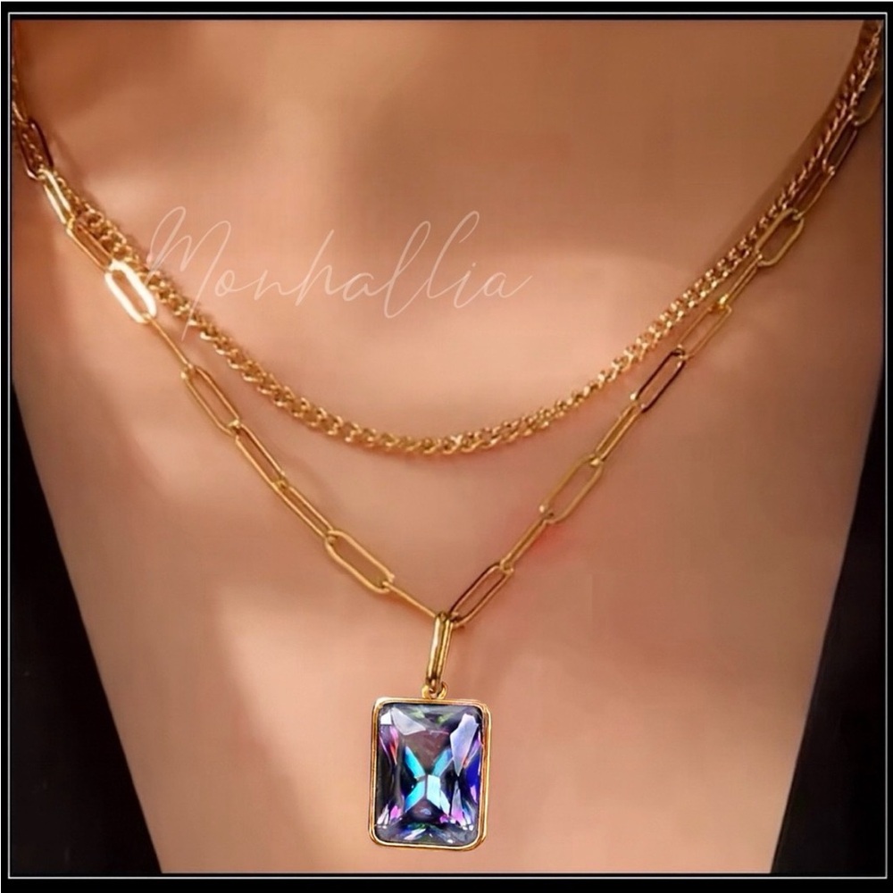 NEW 14K GOLD PAPERCLIP CRYSTAL PRISM STONE HANG CUSTOM PENDANT NECKLACE